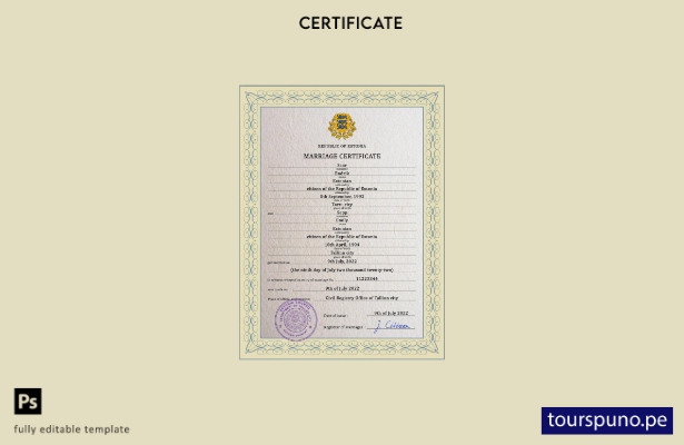 Plantilla PSD de certificado de matrimonio de Estonia lista para imprimir